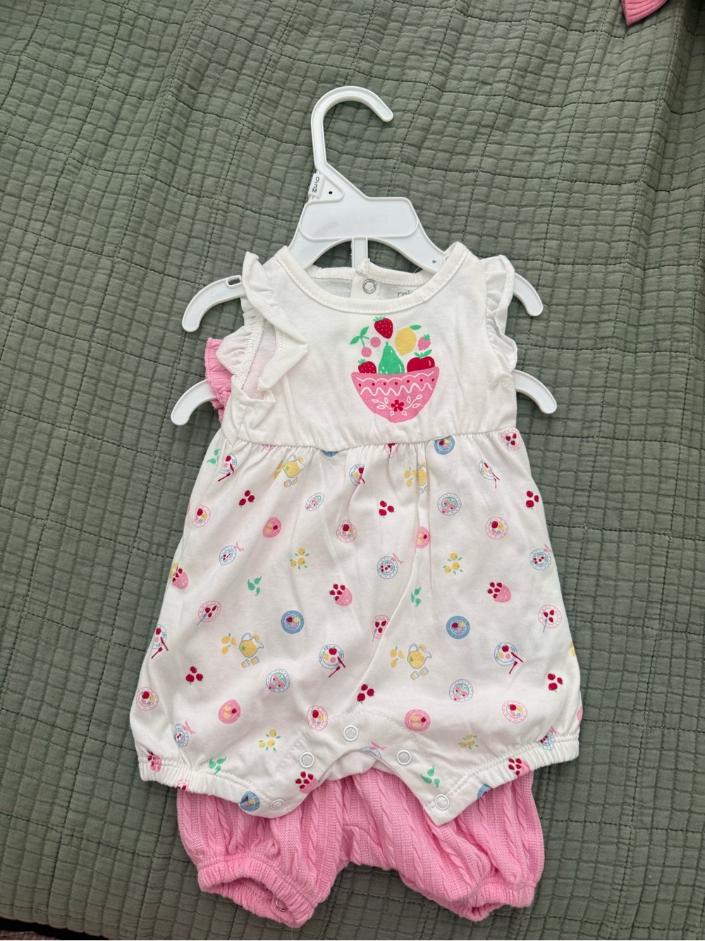 Infant White & Pink Fruit Print Ruffle Rompers 2pc